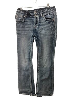 Miss Me mid rise boot cut jeans in a distressed blue wash women size 27
